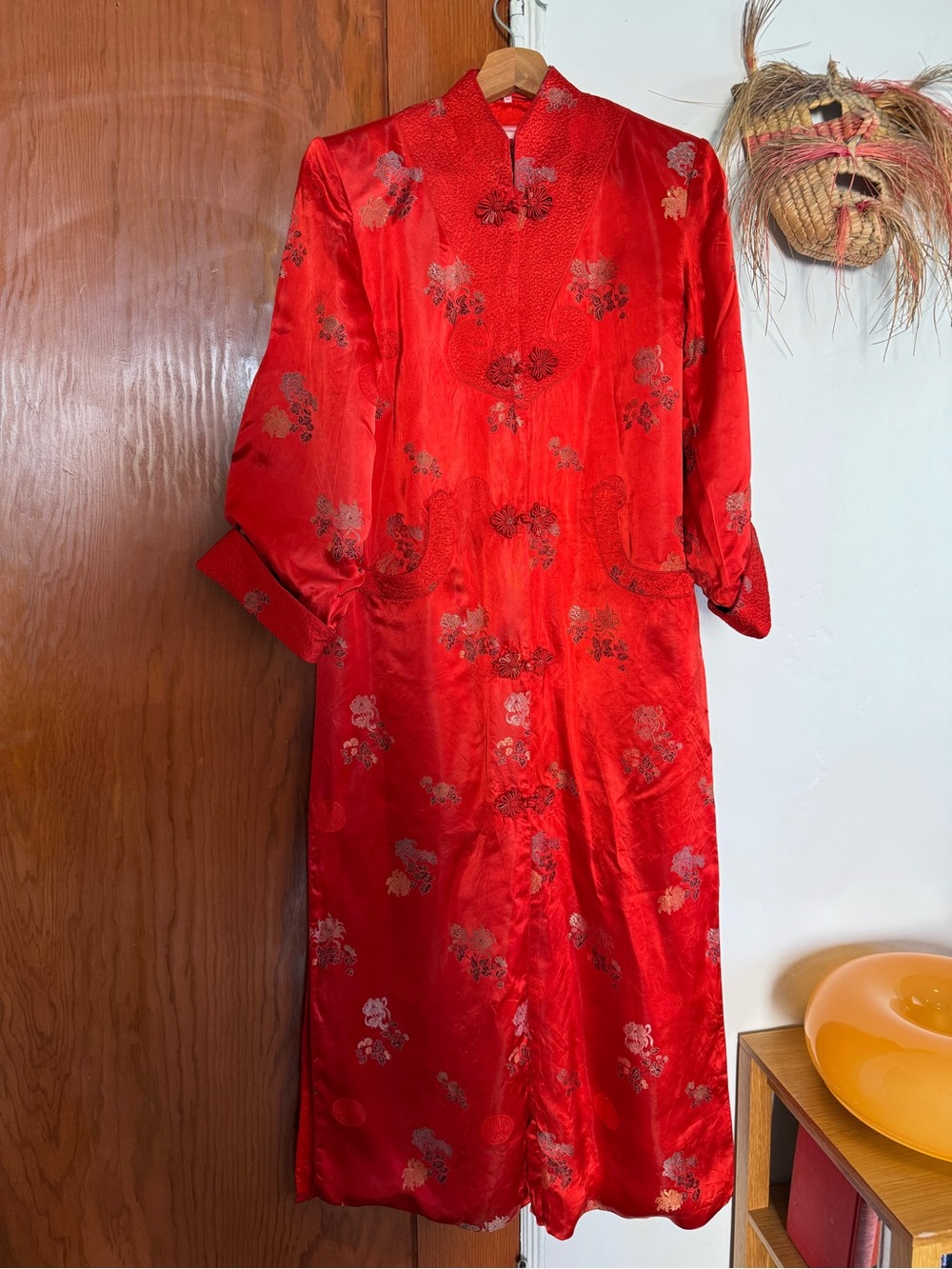 Red Satin Floral Mandarin Collar Robe Dress
